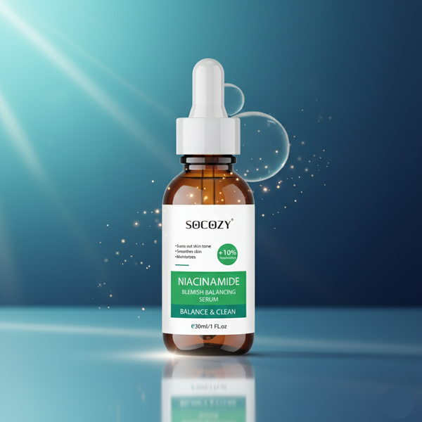 Socozy niacinamide serum bottle with dropper on a gradient blue background